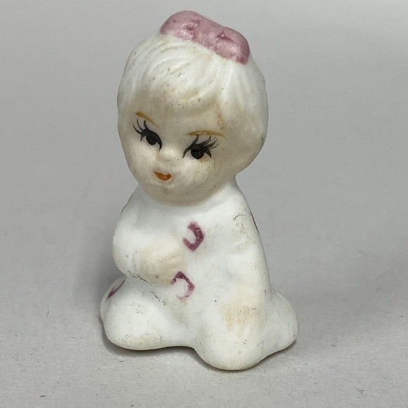 Mini Porcelain Baby Girl Figurine Bisque Miniature Figure Pink Bow